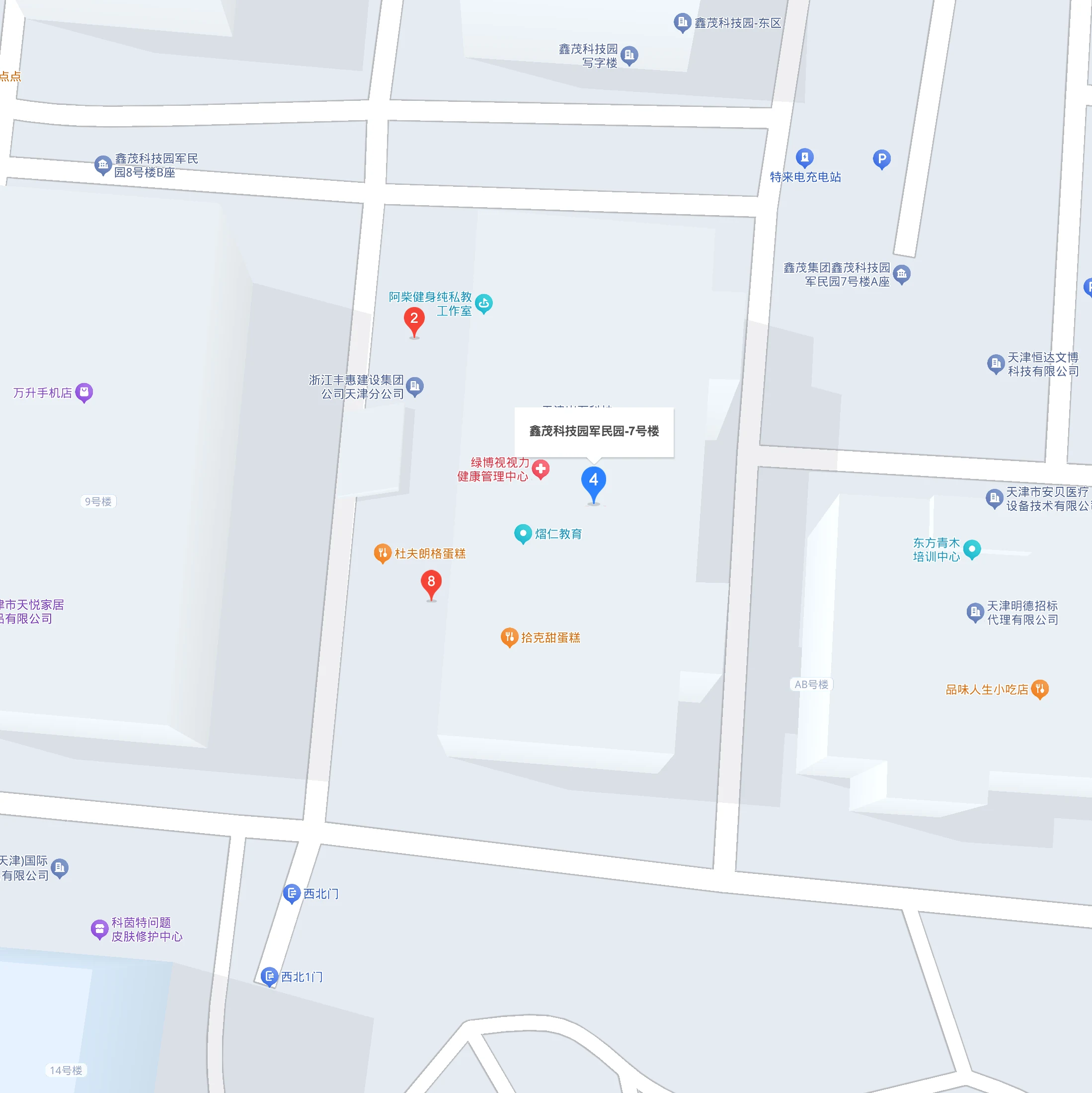 百度地图中的天津鑫茂科技园军民园7号楼位置
